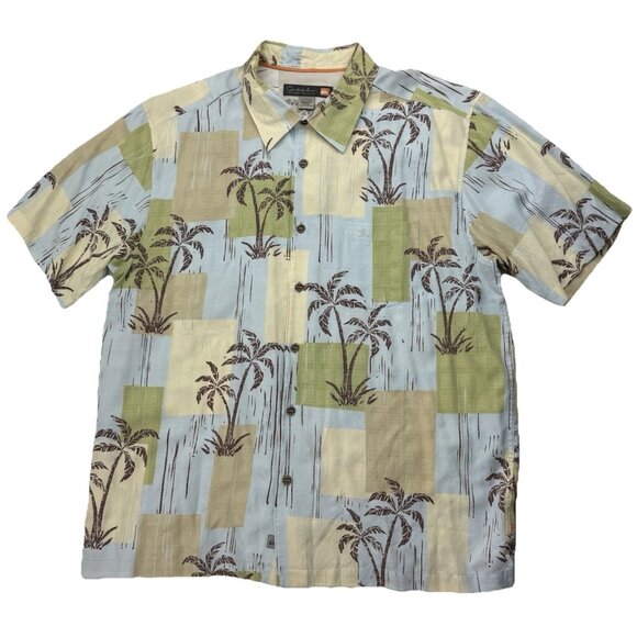 Quiksilver Waterman Mens XXL Hawaiian Shirt Palm Trees Blue Green Beige - Picture 1 of 6
